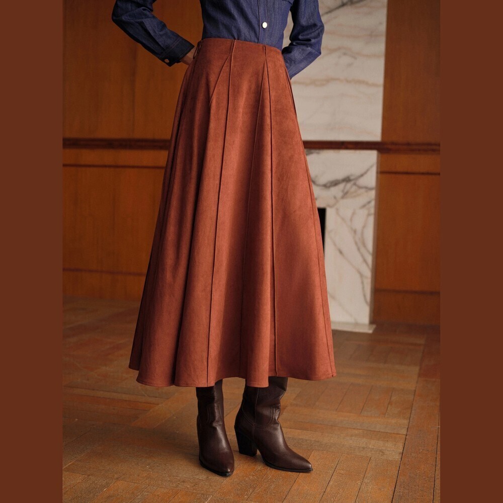 Rust Brown Faux Suede Pleat Seamed A-Line Midi Skirt